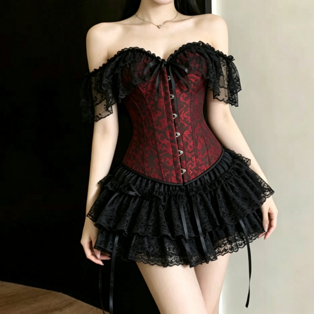 Layered Necklace Set - Set Korset Renda Gothic Gelap Y2k