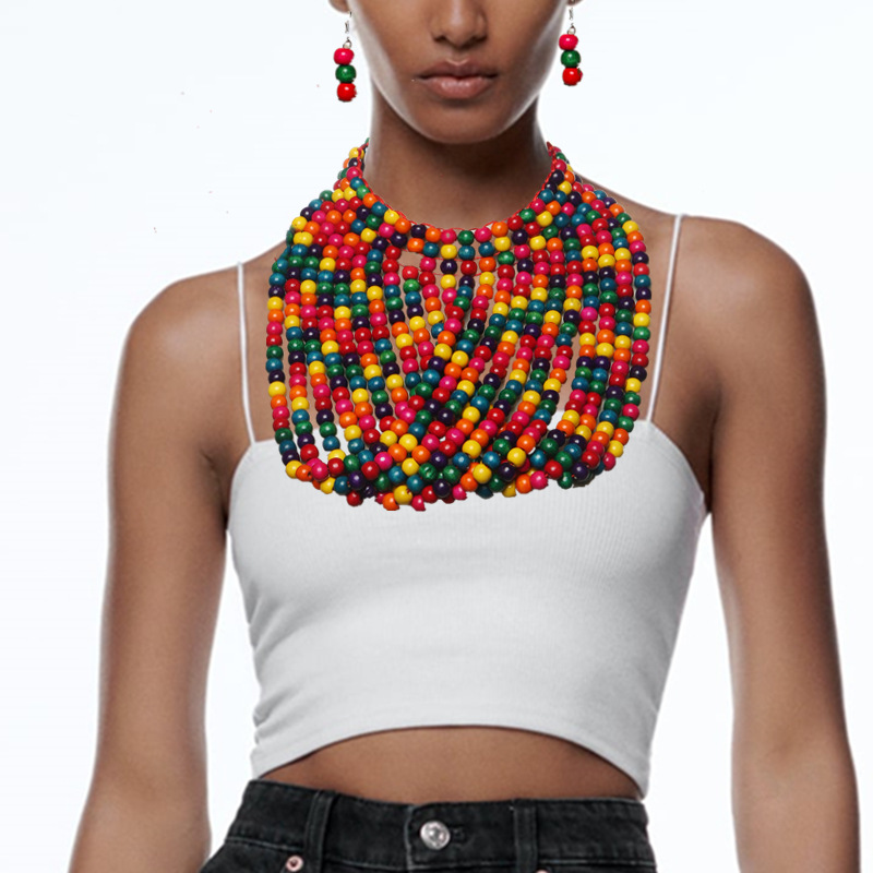 Women Accessories In Amazon - Kalung set berlapis-lapis dengan manik-manik kayu